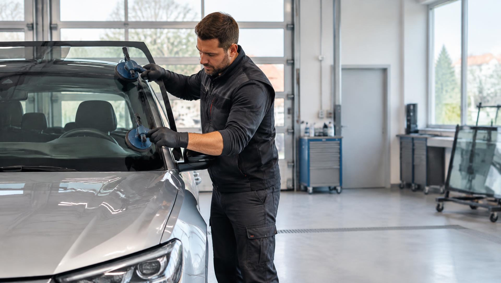 Technik montuje nové čelní sklo do osobního vozu v servisní hale