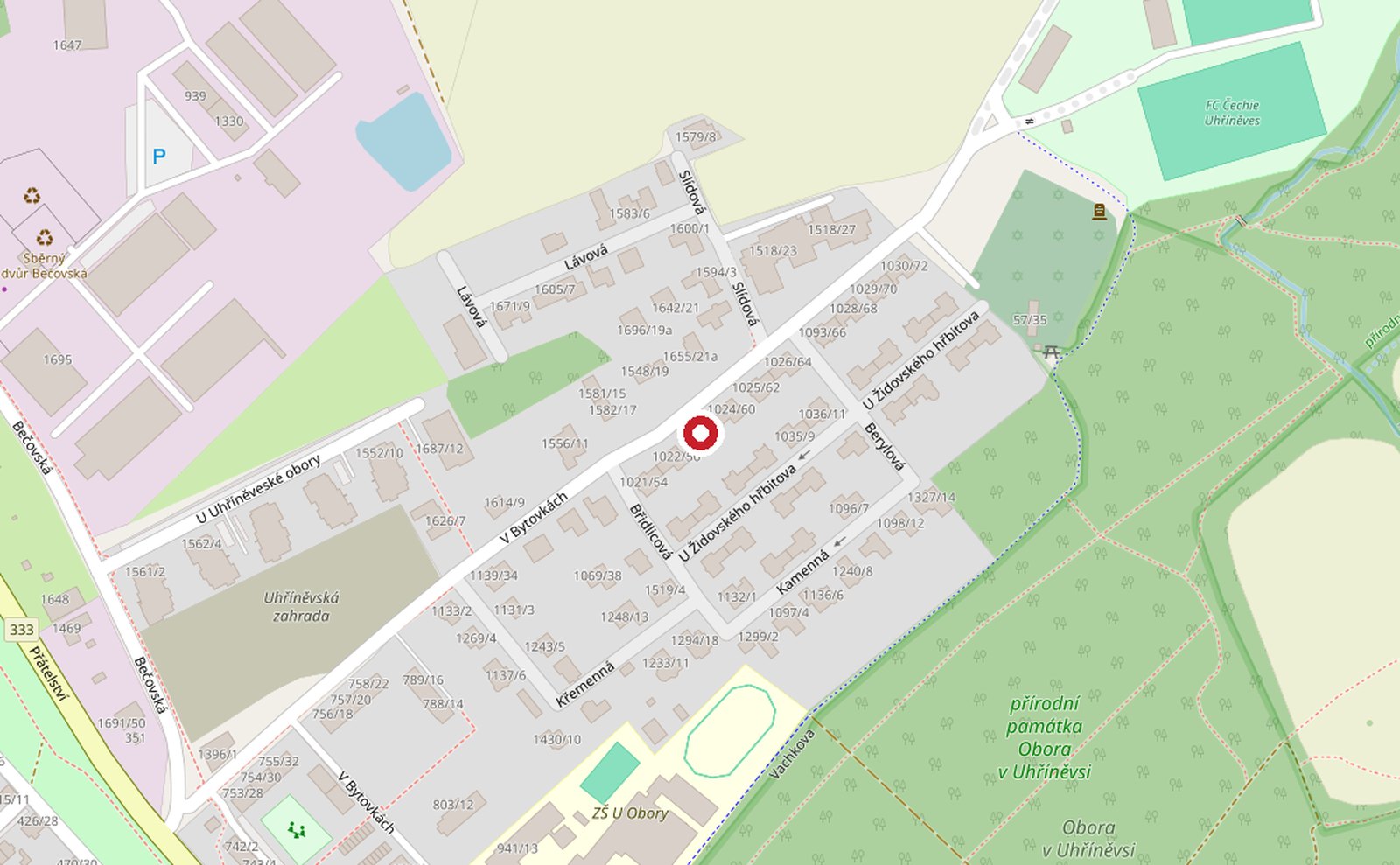 Mapa s vyznačenou polohou provozovny na adrese V Bytovkách 1023/58, 104 00 Praha 22 - Uhříněves